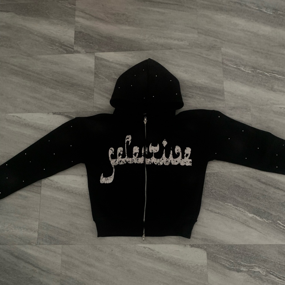 Men's Black Zip-Up Hoodie with Script Logo and Embellished Sleeves